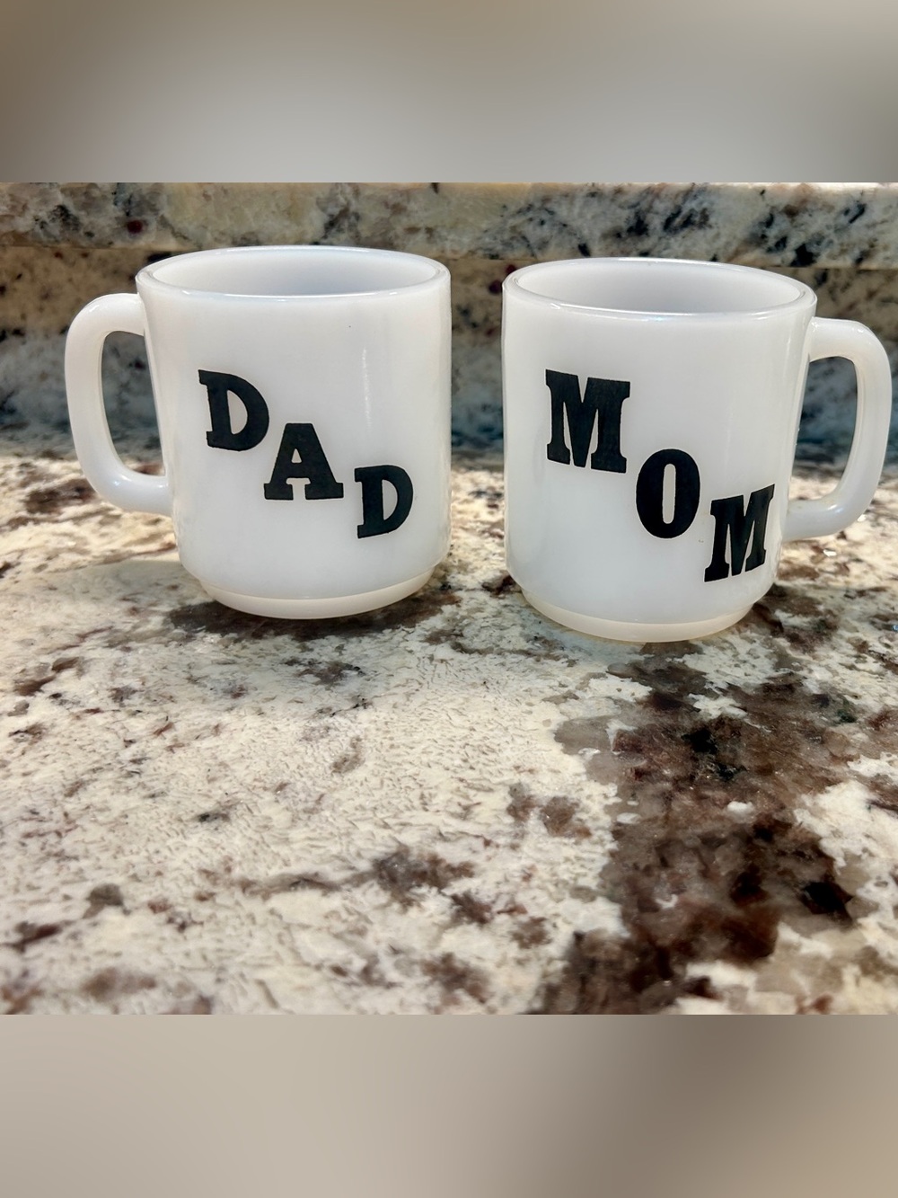 Pair of Vintage Glasbake Milk Glass “Mom” and “Dad” Mugs